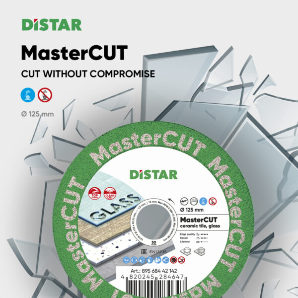 DISTAR 1A1R V 125 MASTERCUT on spetsiaalselt loodud keraamiliste kivimaterjalide, sealhulgas klaasi, kiireks ja tõhusaks lõikamiseks.